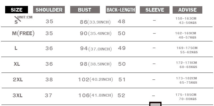 SIZE CHART vest