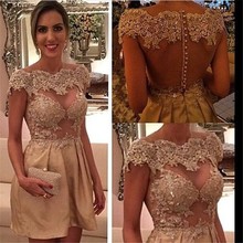 Real Image 2015 Sheer Back Lace Cocktail Dresses Champagne Capped Sleevs Short Party Evening Gowns Vestido De Festa MG06