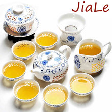 Free Shipping Rice pattern Decorated Porcelain Kung Fu Tea Set Blue and White Porcelain Pot Porcelain