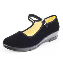 Heels Shoes Women Flock Mary Janes Close Round Toe Strap Ladies Black Heels Low Wedge Heel