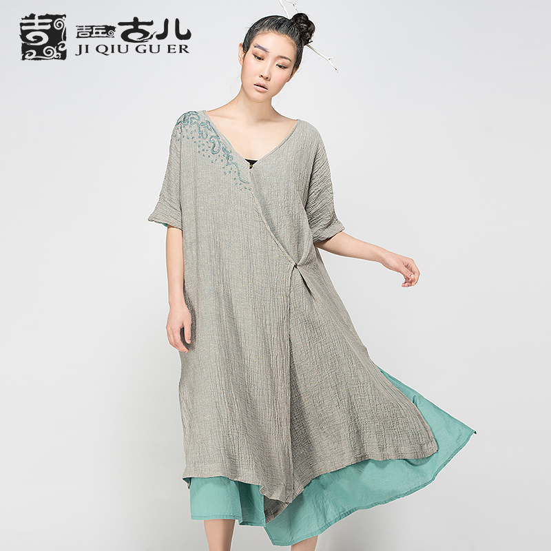 Jiqiuguer Vintage one-piece dress short-sleeve V-neck dress button embroidered solid color faux two piece dress