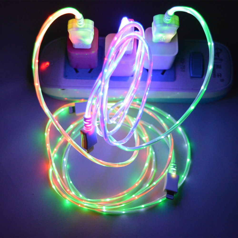 New 3Colors Beautiful 1M LED Light USB Cable EL Light Charger Data Sync Cord For iPhone5 5S 6 6S