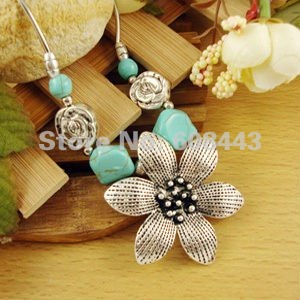 NR099 Flower Turquoise Stone Pendant Tibetan Silver Chocker vintage Collar Necklace chain Jewelry Jewellery Bijouterie for