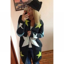 2016 Fashion Design Women Star Pattern Open Front Long Cardigan Printed Zipper Coat Full Sleeves Casual Outwear Loose Jacket