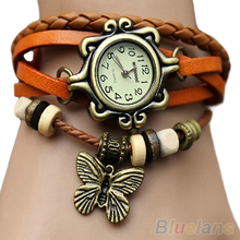 6 colores Ladies cuero Retro para mujer pulsera decoración de la mariposa de cuarzo de lujo Vintage reloj del reloj 028N 2VP1