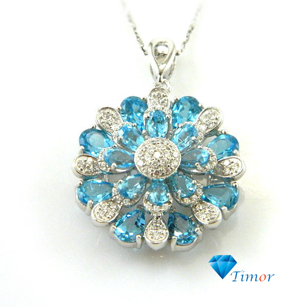 Wholesale 6ct Romantic Flower Fine Jewelry Women Natural Swiss Blue Topaz Necklaces Pendants 925 Sterling Silver Free Shipping