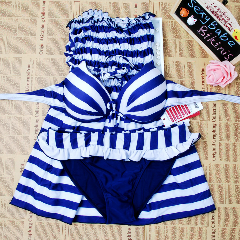 Women Sexy Navy Striped Bikini Push Up Swimwear Female Padded 3 Pieces Bathing Suit Dress Set Tankini Plus Size Summer Beachwear Women Sexy Navy Striped Bikini Push Up Swimwear Female Padded 3 Pieces Bathing Suit Dress Set Tankini Plus Size Summer Beachwear