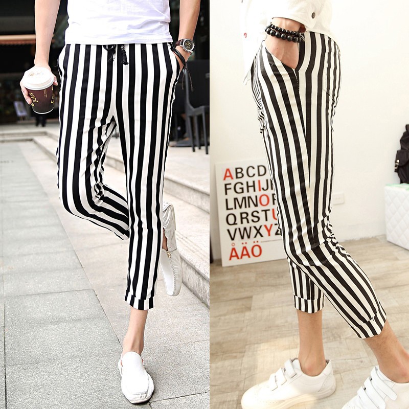 mens striped pants black white