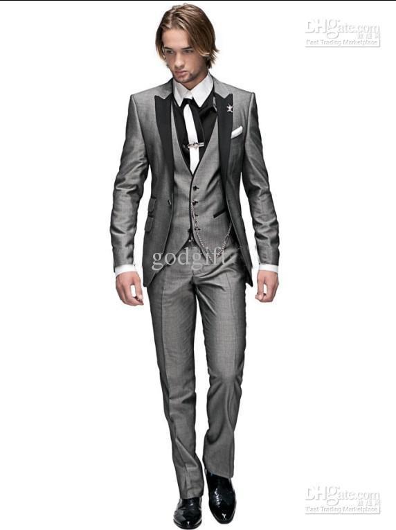 Cheap price s Custom Made Slim Fit Light Grey Groom Tuxedos Best Man Peak Black Lapel Groomsmen Men Wedding Suits Bridegroom(Jac