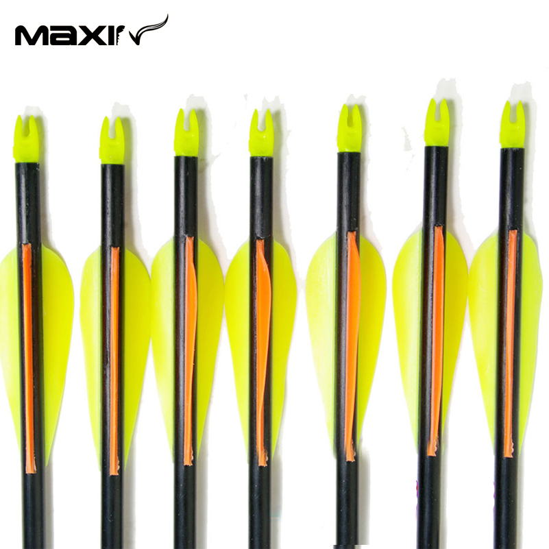 24x Fiberglass Arrows 82cm Spine 30 to 80lbs Archery Arrow Supplier Orange Yellow Plastic Feather Arrow