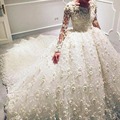 Luxury Wedding Gowns Floor Length Sheer Crew Neckline Lace Appliques Hand Made Flowers 3D Flowers Long