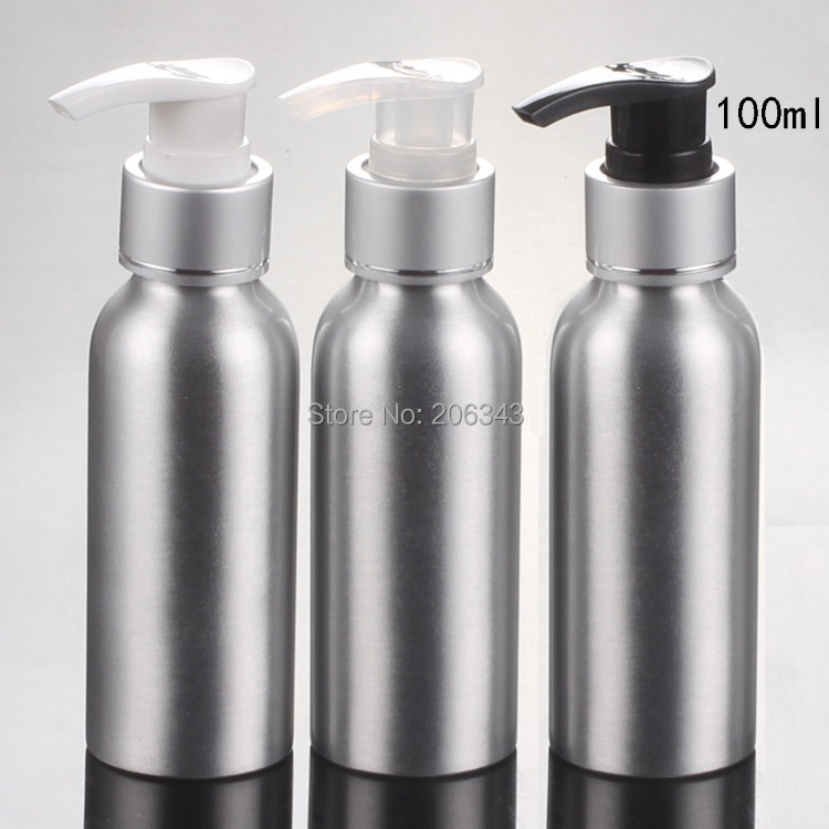 100pcs 100ml Aluminium bottle metal bottle with  silver   collar  white/transparent/black press pump