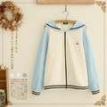 Cute Coats 2016 New Blue Winter Cotton Navy Wind Embroidery Spell Color Long Sleeve Hooded Cardigan