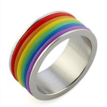 New Hot 2015 Jewelry High Quality Inlaid Stone Stainless steel GAY & Lesbian Ring Rainbow Ring (1 pc)