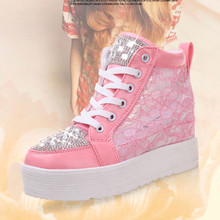 2016 spring and autumn white gauze shoes lace elevator casual shoes with diamond women’s high-top height increasing shoes