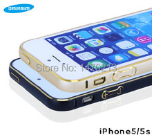 Free shipping Giving toughened glass membrane mobile phone case for iPhone5 5S Metal arc shell cellphone