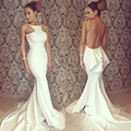 Simple Long Backless Sexy Mermaid White Prom Dress 2016 Long Train Spaghetti Straps Imported Party Dress