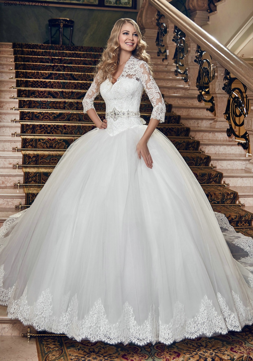 Exquisite V Neck Lace Up Three Quarter Sleeve Court Train Bow Crystal Sequined Lace Ball Gown