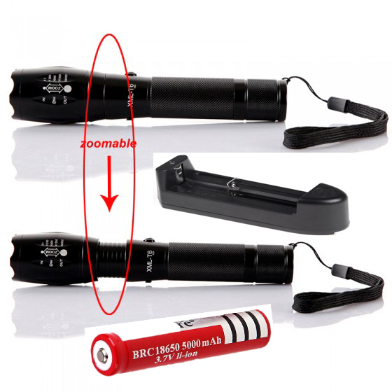 Portable Flash Light CREE XML T6 2000 Lumens 5 Modes Flashlight Zoomable Torch Lamps Lantern For Hunting+1*18650 Battery+Charger