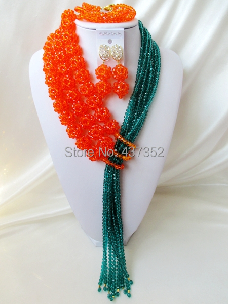 Glamorous 2015 New Orange Teal Amy Green Crystal Ball Costume Necklaces Nigerian Wedding African Beads Jewelry Set NC1254