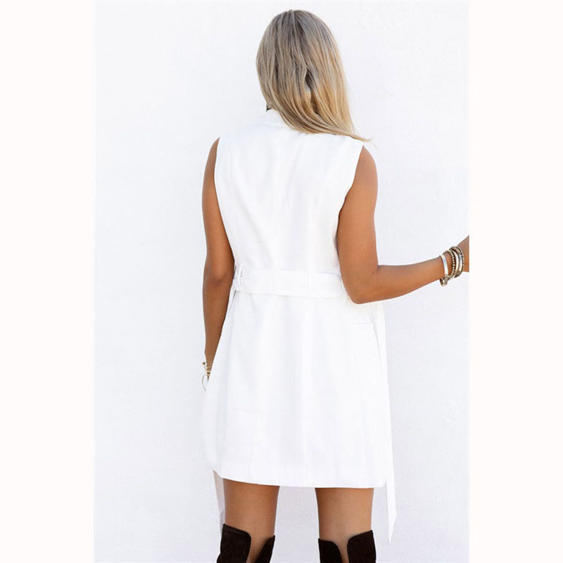 VESTLINDA White Long Blazer Vest Coat Ladies Casual Outwear Cardigan Waistcoat Women Sleeveless Jacket Female Vest with Belt 5