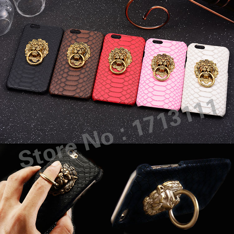 Luxury 3D lion head metal Ring holder Stand phone cases Snake Lizard Texture Leather Hard Cover