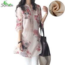 Plus Size Flower Print Cotton Linen Women Shirt Three Quarter Sleeve Button Pocket Long Blouse Summer Tops S-3XL NZ-BS-28