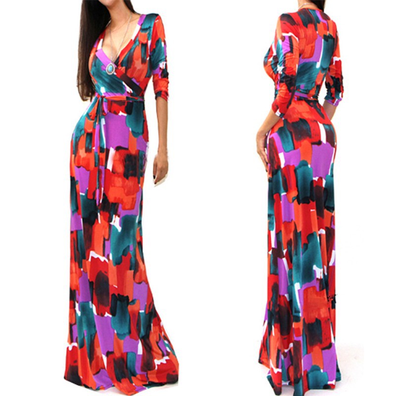 Sexy Package Hip Maxi Dress Fashion Brand New V-neck Long Sleeve Printed Long Dress desigual Women Party Dresses vestido de festa ONY8785 (3)