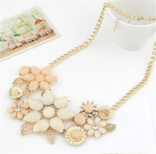 wholesale Fashion Pink Flower Necklace Elegant Women Gold Collier Jewelry Choker Bib Statement Collar Chain Pendant Necklace