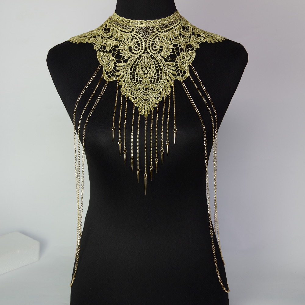 Lace Flower Collares Gold Body Chains Women Hollow out Big Gothic Necklace Multilayer chain Elegant Party