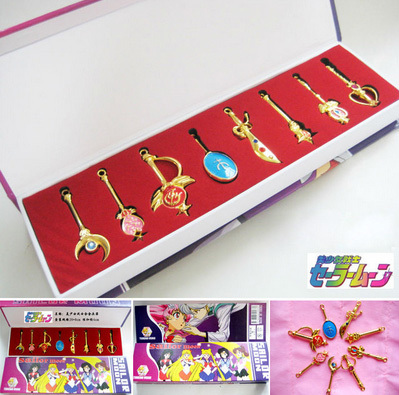 Free Shipping 8pcs/set Retail Sailor Moon Keychain Guardian Tsukino Usagi Necklace Keychain With Gift Box