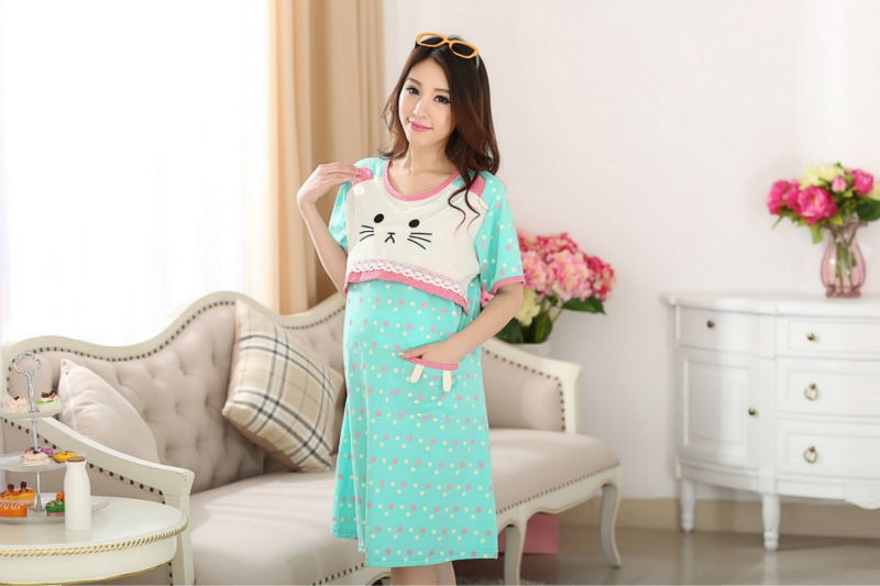 Plus size Kawaii Kitty Pink dots loose pregnant women maternity clothing for breast feeding homecoming dress lactating gowns 4