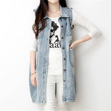 New 2016 Spring New Large Size Medium-Long Women Summer Vest Turn-down Collar Coat Denim Sleeveless Jacket WY390