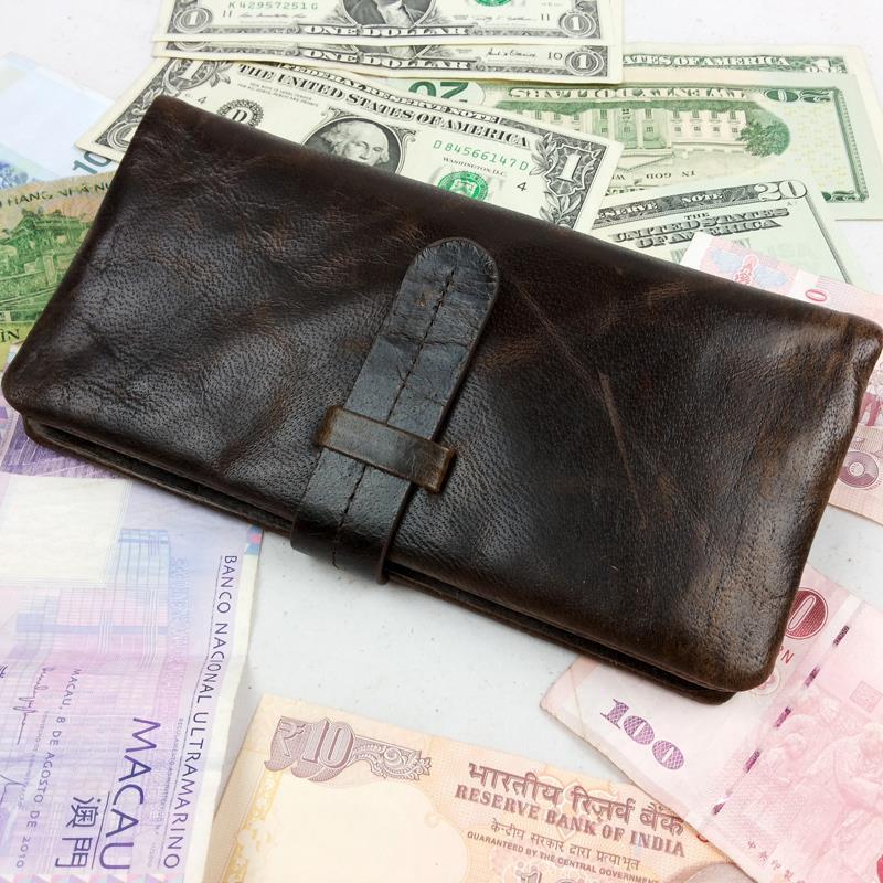 Luxury Brand High Quality 100 Top Genuine Oil Wax Cowhide Leather Men Long Bifold Wallet Purse