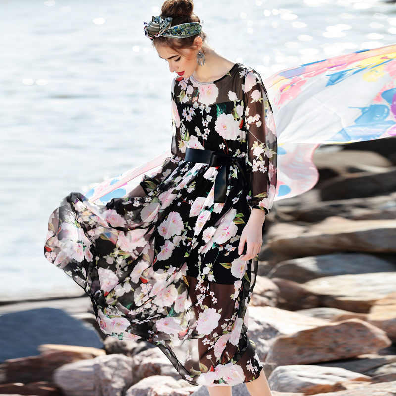 Romantic Dress New 2016 Spring Summer Brand Runway Fashion Mid-Calf Elegant Mesh Beach Style Flower Print Slim Black Long Dress