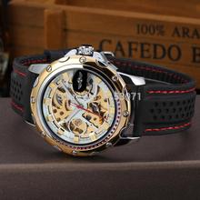 Men watch 2015 Winner skeleton watch with gold color bars index black silicone band free shipping