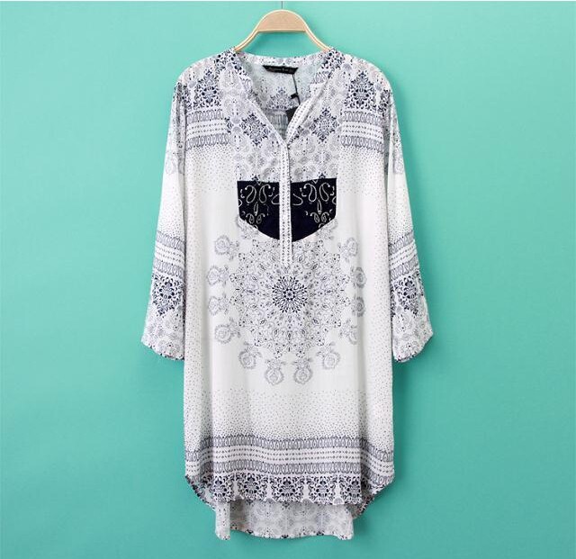 2015 autumn V-neck blouses embroidered longer section positioning print shirt women free shipping (3)