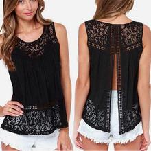 Summer Women Chiffon Crochet Lace vest Blouse Shirt Sexy Open Back sleeveless shirt tank tops Black