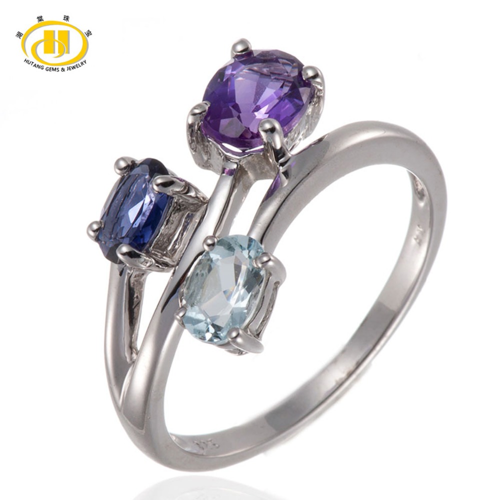 Solid 925 Sterling Silver Natural Amethyst, Aquamarnine & Iolite Gemstones Ring For Women Fine Jewelry