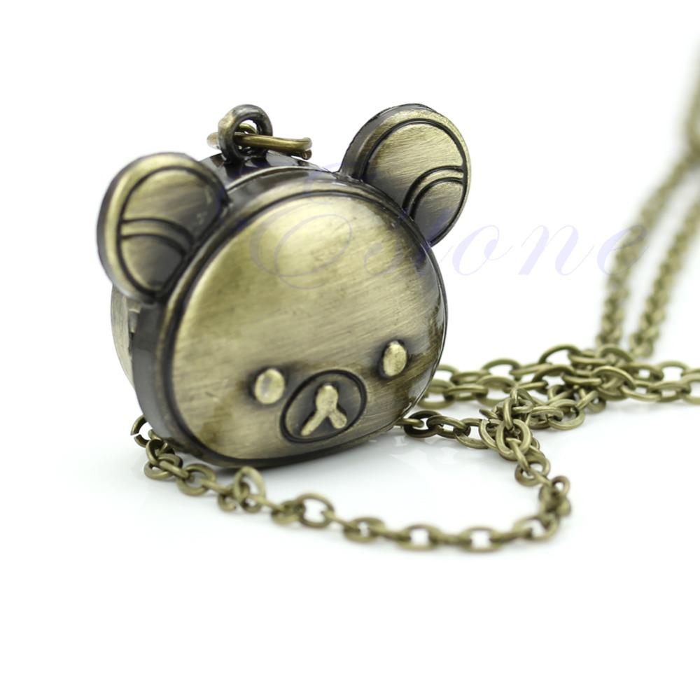 Free Shipping Cute Steampunk Bronze Tone Bear Pendant Chain Necklace Taschenuhr Pocket Watch