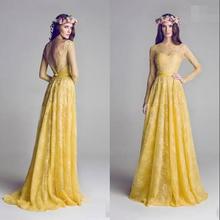 Good Selling 2015 Yellow A Line Lace Appliqued Elegant Backless See Through Custom Made Party Bridesmaid Dresses With Sleeves