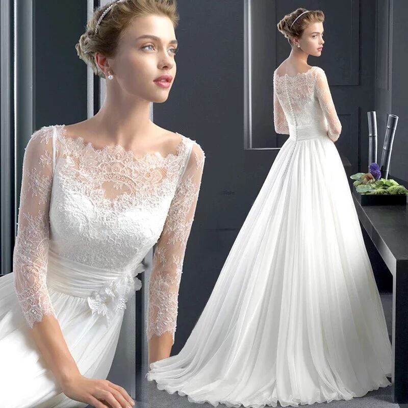 Beach Wedding Dress with 3/4 Sleeve 2015 Top Lace Elegant Bridal Gowns 