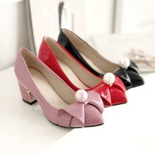 Ladies Sweet Bow Thick Heel Shoes Patent Leather Pointed Toe Pumps Shoes Plus Size Black Red