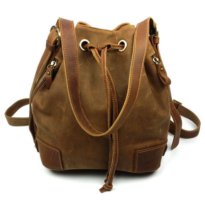 Vintage crazy horse leather women bag fashion cowhide genuine leather shoulder bucket bag backpacks