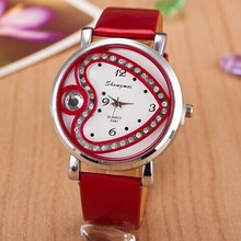 2015 nuevas mujeres del reloj del Rhinestone del cuero genuino ocasional del corazón del reloj de cuarzo mujeres viste reloj Relogio Feminino