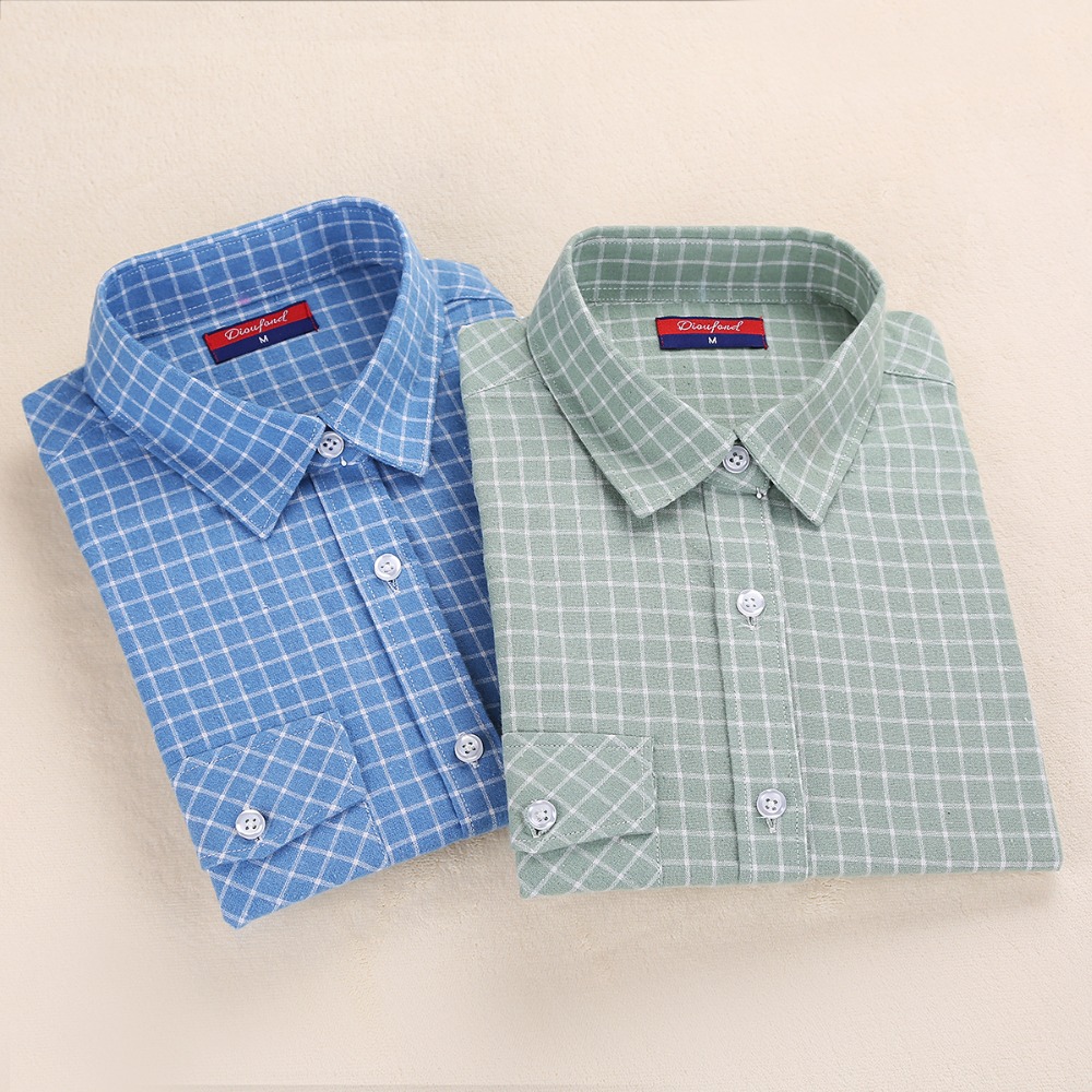 Dioufond New Brand Women s font b Plaid b font Shirt Female Shirt Pattern Button Down