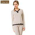 2 Pcs Women Pajama Set Long Sleeve Pajamas Cotton Autumn Sleep Lounge Lace V neck Sleepwear