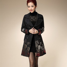 2016 women Floral Print Trench Coat Spring Coat for Women Black Jacquard Coat with Belt long Windbreakers Casaco Feminino IP107