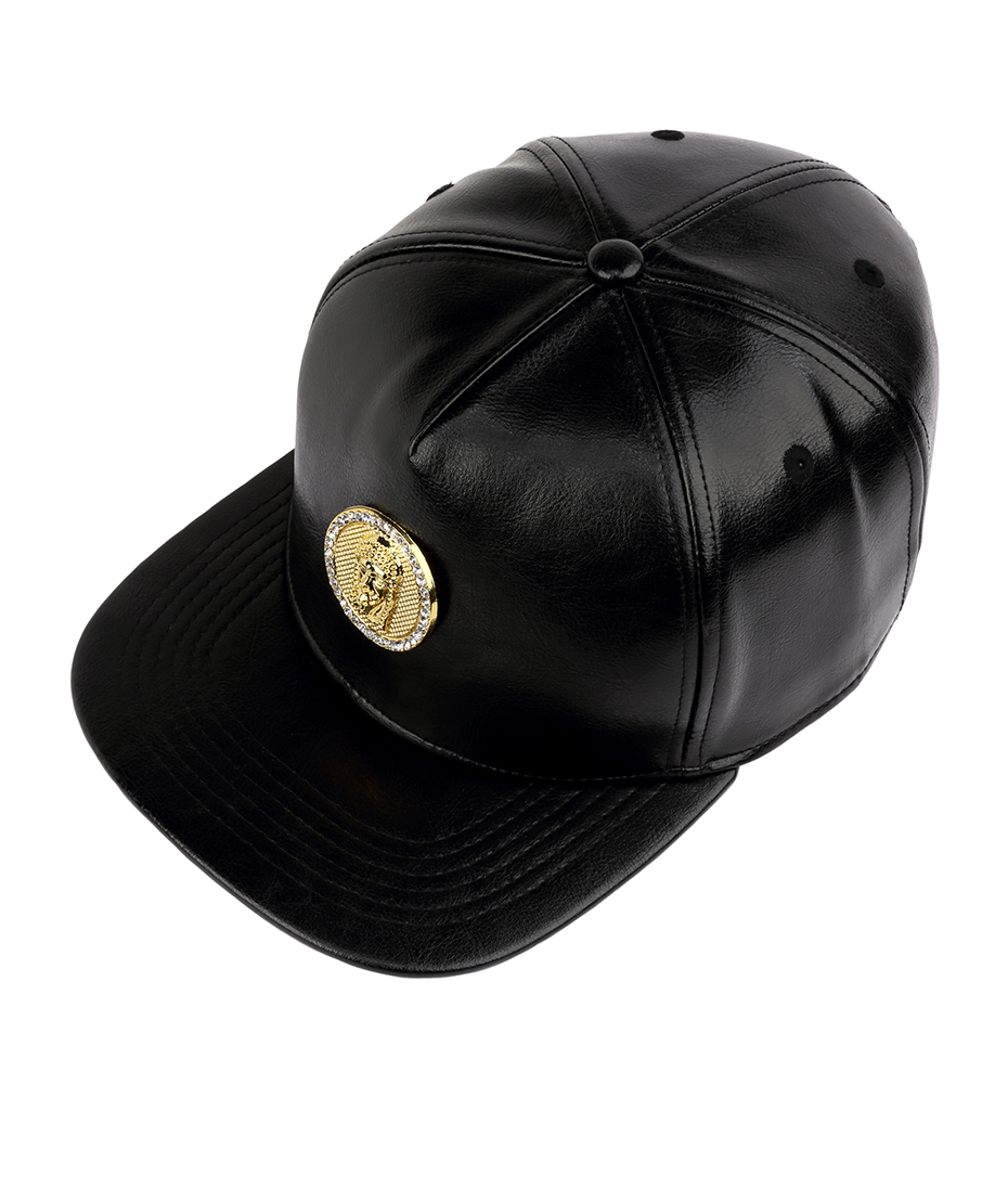 NYUK Crystal Rhinestone Gold Christ Jesus Baseball Cap Black Leather NYUK Crystal Rhinestone Gold Christ Jesus Baseball Cap Black Leather