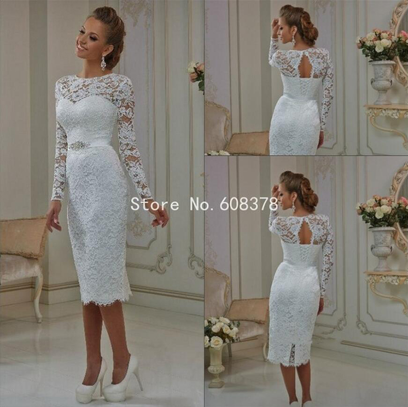 Nueva Elegante Encaje de Manga Larga Vestido de Novia Corto Scoop Cuello Blanco Vaina Vestidos de